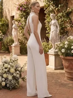 Bridal Jumpsuit Halter Neck Stretch Crepe Lace Floor-Length Jumpsuit Sleeveless Civil Bridal Dress