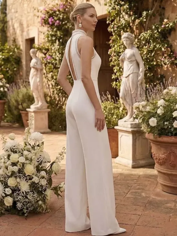 Bridal Jumpsuit Halter Neck Stretch Crepe Lace Floor-Length Jumpsuit Sleeveless Civil Bridal Dress