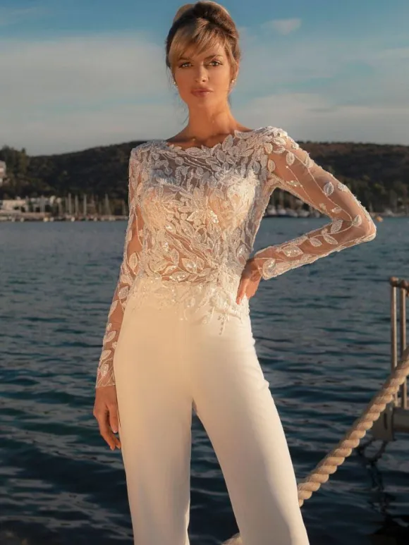 Bridal Jumpsuit Lace Ankle-Length Jewel Neck Long Sleeves Ivory Wedding Jumpsuit With Detachable Train Free Customization