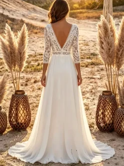 Bridal Jumpsuit Lace Chiffon With Train Jumpsuit V-Neck 3/4 Length Sleeves Natural Waist Ivory