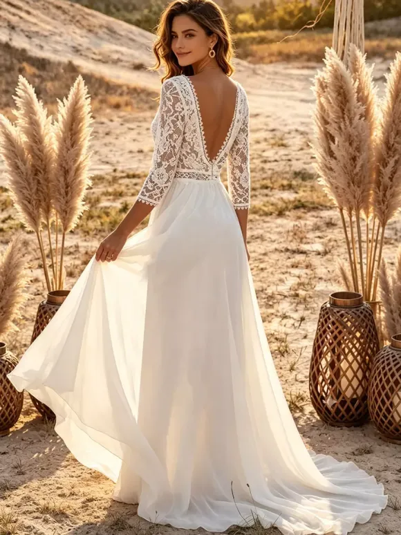 Bridal Jumpsuit Lace Chiffon With Train Jumpsuit V-Neck 3/4 Length Sleeves Natural Waist Ivory