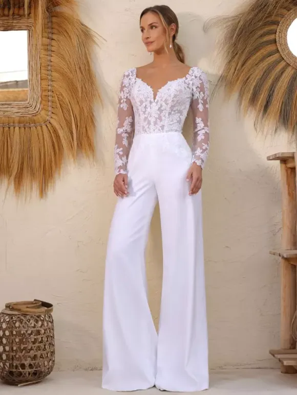 Bridal Jumpsuit Lace Floor-Length Jumpsuit Designed Neckline Removable Long Sleeves Natural Waist Ivory