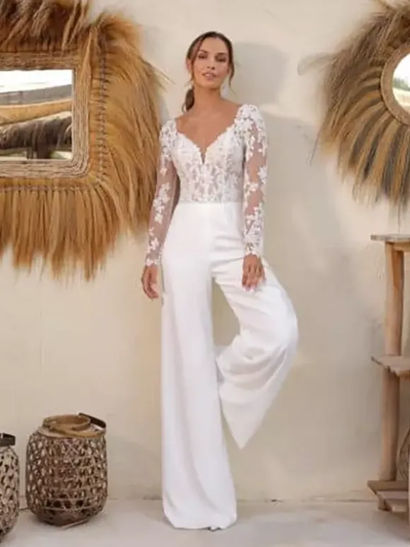 Bridal Jumpsuit Lace Floor-Length Jumpsuit Designed Neckline Removable Long Sleeves Natural Waist Ivory