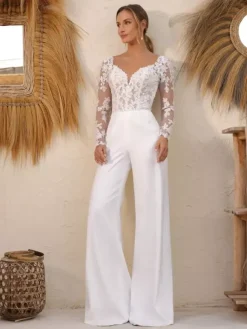 Bridal Jumpsuit Lace Floor-Length Jumpsuit Designed Neckline Removable Long Sleeves Natural Waist Ivory