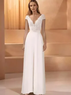 Bridal Jumpsuit Lace Lace Floor-Length Jumpsuit V-Neck Short Sleeves Natural Waist Ivory