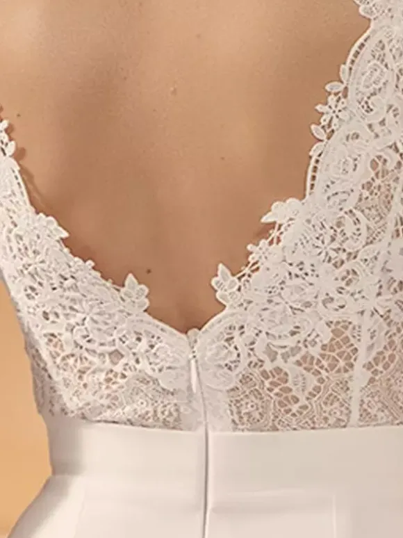Bridal Jumpsuit Lace Lace Floor-Length Jumpsuit V-Neck Short Sleeves Natural Waist Ivory