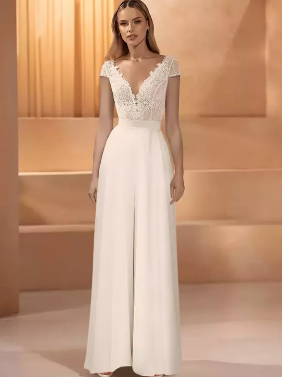 Bridal Jumpsuit Lace Lace Floor-Length Jumpsuit V-Neck Short Sleeves Natural Waist Ivory