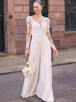 Bridal Jumpsuit Lace Lace Floor-Length Jumpsuit V-Neck Long Sleeves Natural Waist Ivory
