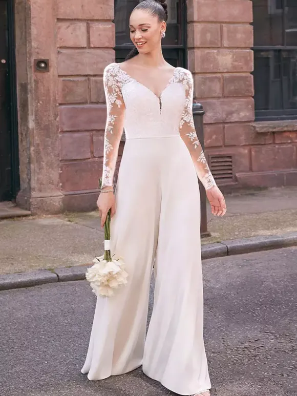 Bridal Jumpsuit Lace Lace Floor-Length Jumpsuit V-Neck Long Sleeves Natural Waist Ivory