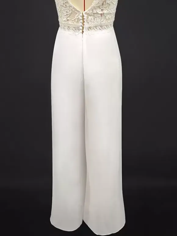 Bridal Jumpsuit Lace Lace Floor-Length Jumpsuit V-Neck Short Sleeves Ivory