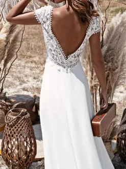 Bridal Jumpsuit Lace Lace Floor-Length Jumpsuit V-Neck Short Sleeves Ivory
