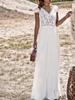 Bridal Jumpsuit Lace Lace Floor-Length Jumpsuit V-Neck Short Sleeves Ivory