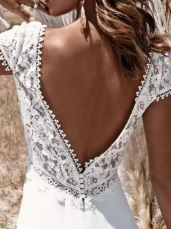 Bridal Jumpsuit Lace Lace Floor-Length Jumpsuit V-Neck Short Sleeves Ivory