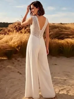 Bridal Jumpsuit Lace Lace Floor-Length Jumpsuit V-Neck Sleeveless Natural Waist Ivory
