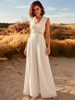 Bridal Jumpsuit Lace Lace Floor-Length Jumpsuit V-Neck Sleeveless Natural Waist Ivory