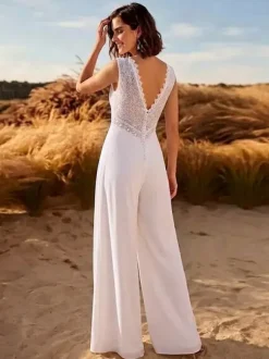 Bridal Jumpsuit Lace Lace Floor-Length Jumpsuit V-Neck Sleeveless Natural Waist Ivory