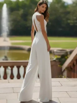 Bridal Jumpsuit Lace Lace Floor-Length Jumpsuit Designed Neckline Sleeveless Natural Waist White
