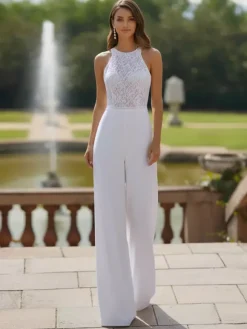 Bridal Jumpsuit Lace Lace Floor-Length Jumpsuit Designed Neckline Sleeveless Natural Waist White