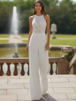 Bridal Jumpsuit Lace Lace Floor-Length Jumpsuit Designed Neckline Sleeveless Natural Waist White