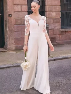 Bridal Jumpsuit Lace Lace Floor-Length Jumpsuit V-Neck Half Sleeves Natural Waist Ivory