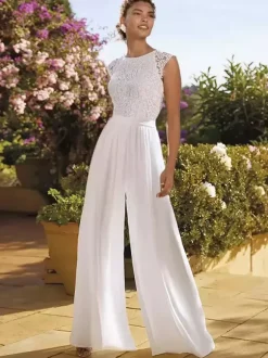 Bridal Jumpsuit Lace Lace Floor-Length Jumpsuit Jewel Neck Short Sleeves Natural Waist Ivory