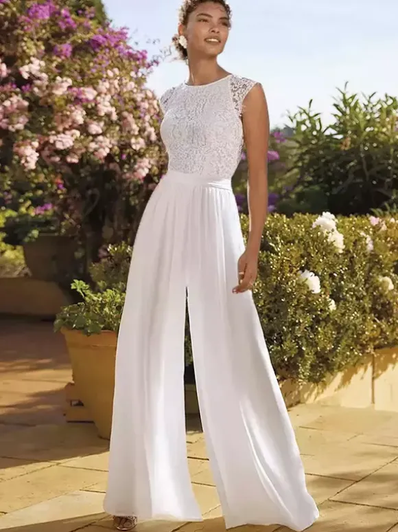 Bridal Jumpsuit Lace Lace Floor-Length Jumpsuit Jewel Neck Short Sleeves Natural Waist Ivory