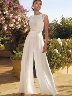 Bridal Jumpsuit Lace Lace Floor-Length Jumpsuit Jewel Neck Short Sleeves Natural Waist Ivory