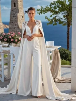 Bridal Jumpsuit Lace Lace Floor-Length Two-piece V-Neck Sleeveless Natural Waist White