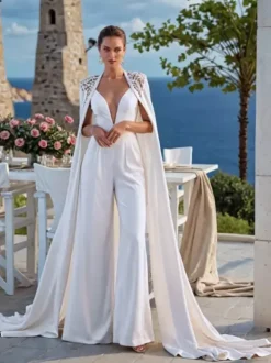 Bridal Jumpsuit Lace Lace Floor-Length Two-piece V-Neck Sleeveless Natural Waist White