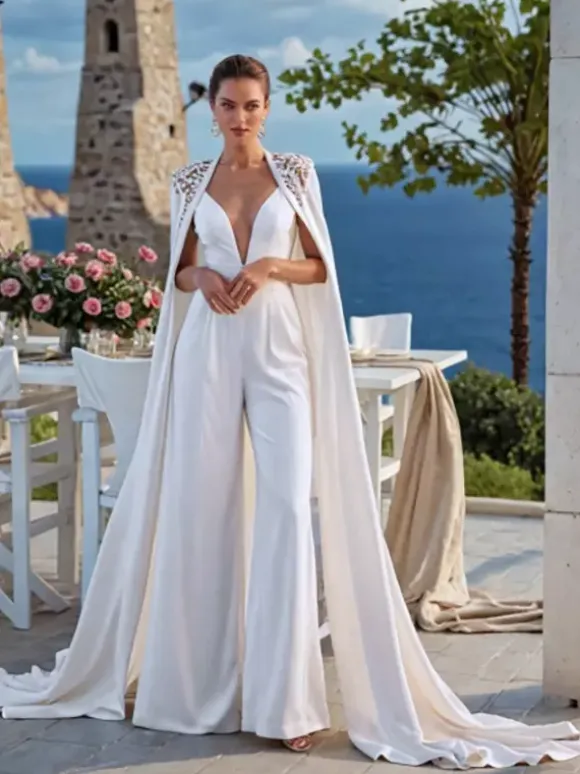 Bridal Jumpsuit Lace Lace Floor-Length Two-piece V-Neck Sleeveless Natural Waist White