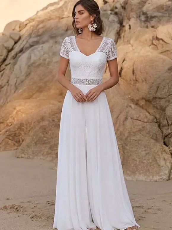 Bridal Jumpsuit Lace Lace Floor-Length Jumpsuit Designed Neckline Short Sleeves Natural Waist Ivory