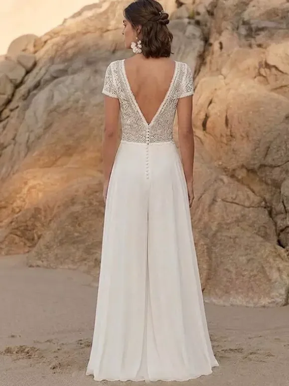 Bridal Jumpsuit Lace Lace Floor-Length Jumpsuit Designed Neckline Short Sleeves Natural Waist Ivory
