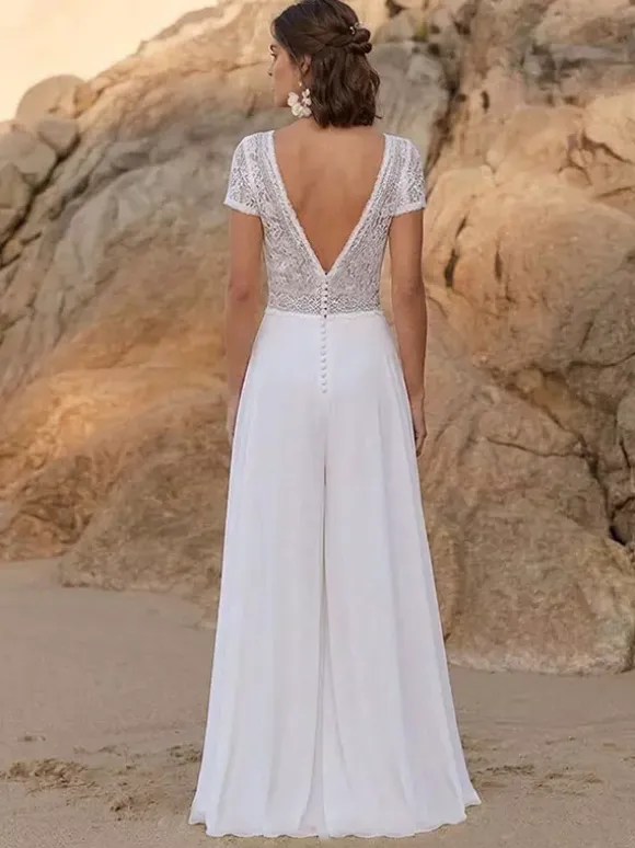 Bridal Jumpsuit Lace Lace Floor-Length Jumpsuit Designed Neckline Short Sleeves Natural Waist Ivory