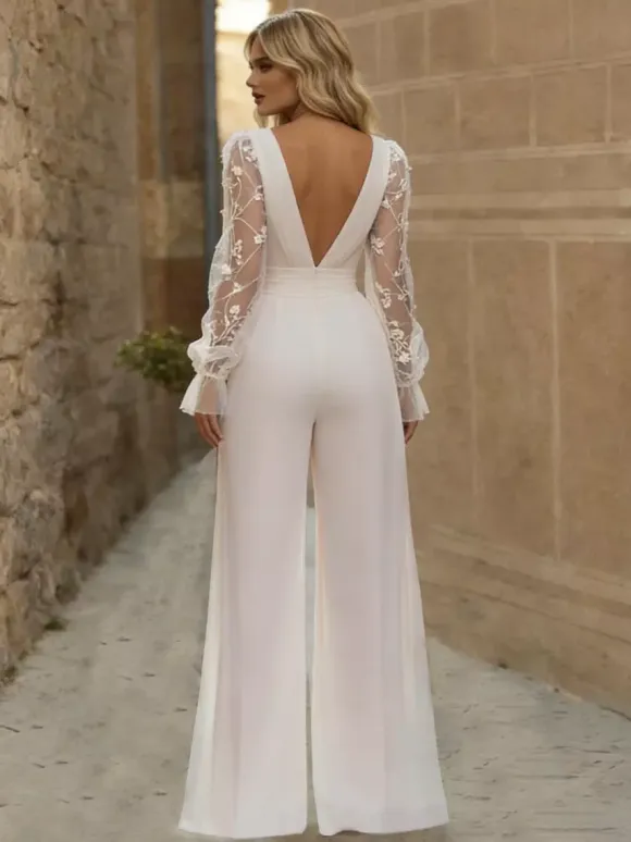 Bridal Jumpsuit Lace Pleated Floor-Length Jumpsuit V-Neck Long Sleeves Natural Waist White
