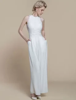 Bridal Jumpsuit Polyester Pearls Ankle-Length Jumpsuit Designed Neckline Sleeveless Halter Natural Waist Ivory