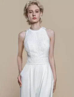 Bridal Jumpsuit Polyester Pearls Ankle-Length Jumpsuit Designed Neckline Sleeveless Halter Natural Waist Ivory