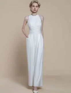 Bridal Jumpsuit Polyester Pearls Ankle-Length Jumpsuit Designed Neckline Sleeveless Halter Natural Waist Ivory