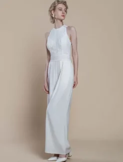 Bridal Jumpsuit Polyester Pearls Ankle-Length Jumpsuit Designed Neckline Sleeveless Halter Natural Waist Ivory