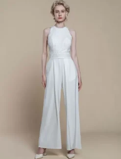 Bridal Jumpsuit Polyester Pearls Ankle-Length Jumpsuit Designed Neckline Sleeveless Halter Natural Waist Ivory