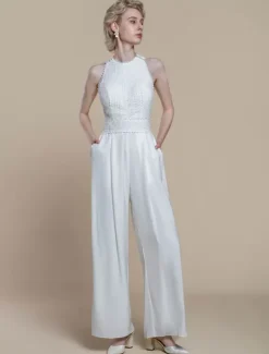 Bridal Jumpsuit Polyester Pearls Ankle-Length Jumpsuit Designed Neckline Sleeveless Halter Natural Waist Ivory