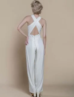 Bridal Jumpsuit Polyester Pearls Ankle-Length Jumpsuit Designed Neckline Sleeveless Halter Natural Waist Ivory