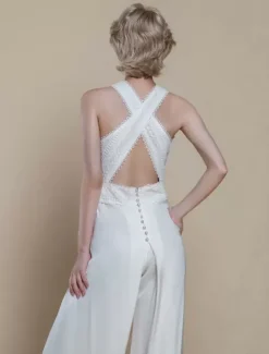 Bridal Jumpsuit Polyester Pearls Ankle-Length Jumpsuit Designed Neckline Sleeveless Halter Natural Waist Ivory