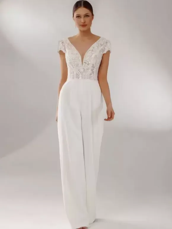 Bridal Jumpsuit Satin Fabric Lace Floor-Length Jumpsuit V-Neck Short Sleeves Natural Waist Ivory