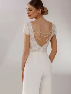 Bridal Jumpsuit Satin Fabric Lace Floor-Length Jumpsuit V-Neck Short Sleeves Natural Waist Ivory