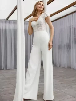 Bridal Jumpsuit Satin Fabric Lace Floor-Length Jumpsuit V-Neck Short Sleeves Natural Waist Ivory