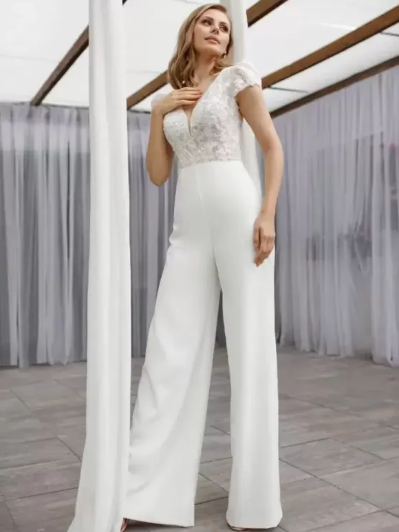 Bridal Jumpsuit Satin Fabric Lace Floor-Length Jumpsuit V-Neck Short Sleeves Natural Waist Ivory