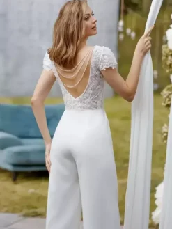 Bridal Jumpsuit Satin Fabric Lace Floor-Length Jumpsuit V-Neck Short Sleeves Natural Waist Ivory
