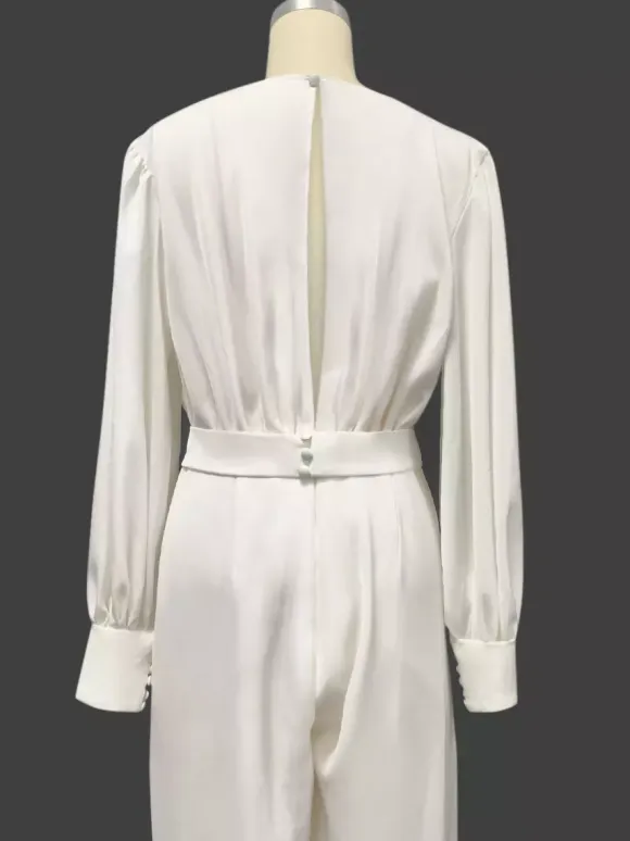 Bridal Jumpsuit Satin Fabric Floor-Length Jumpsuit V-Neck Long Sleeves Natural Waist Ivory