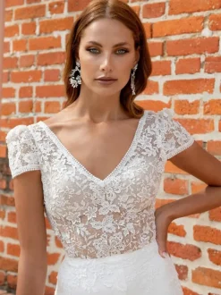 Bridal Jumpsuit Satin Fabric Lace Sweep Jumpsuit V-Neck Short Sleeves Natural Waist Ivory