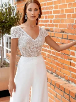 Bridal Jumpsuit Satin Fabric Lace Sweep Jumpsuit V-Neck Short Sleeves Natural Waist Ivory